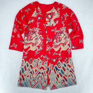 Chinoiserie Dragon Print Tunic Duster Coat Red Frog Closure Cotton Linen Large